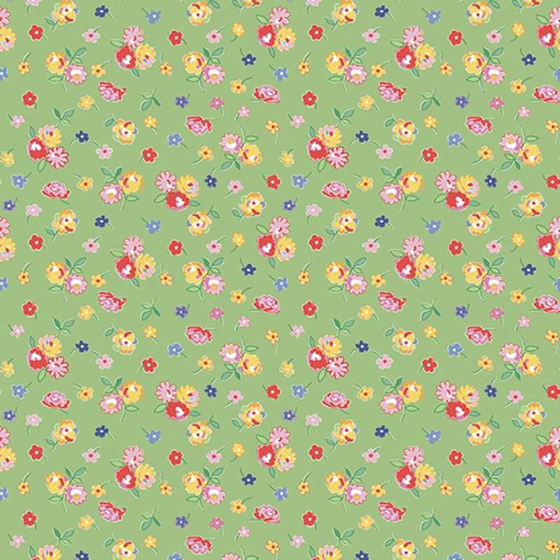 Green fabric with small clusters of red, pink, blue, and yellow flowers.