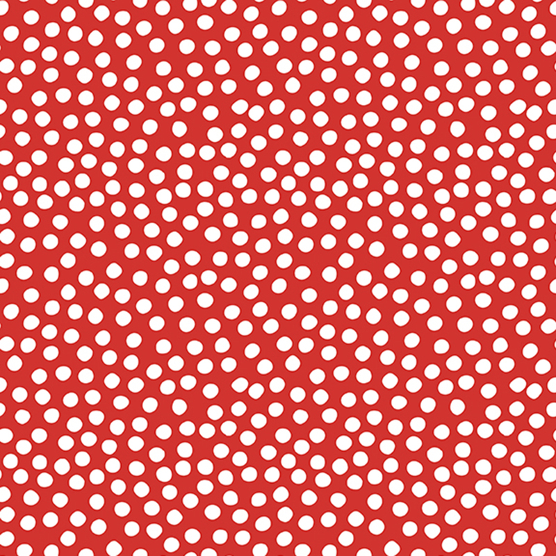 Dusty red fabric with uneven white polka dots clustered together.