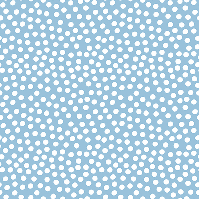 Dusty light blue fabric with uneven white polka dots clustered together.