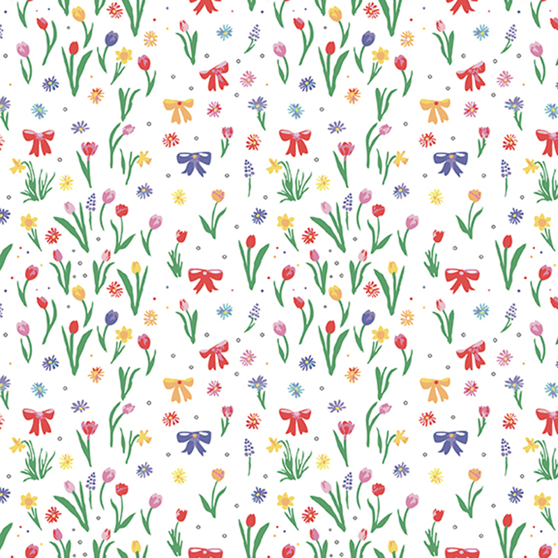 Stark white fabric with small red, yellow, and blue bows intermixed with tulips growing from the ground.