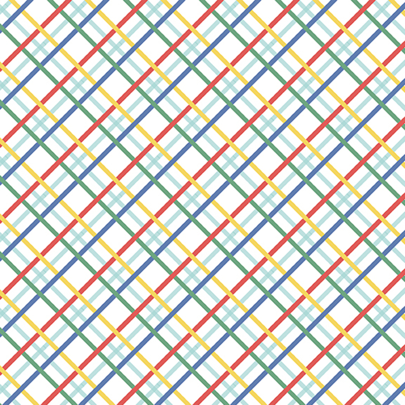 White fabric with a diagonal plaid of red, green, yellow, and blue.