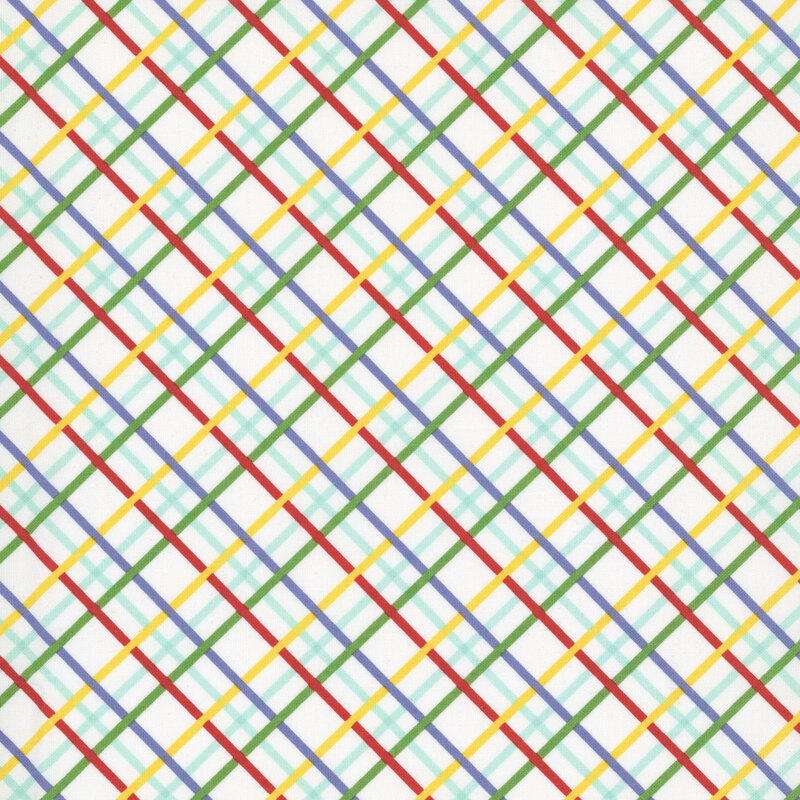 White fabric with a diagonal plaid of red, green, yellow, and blue.