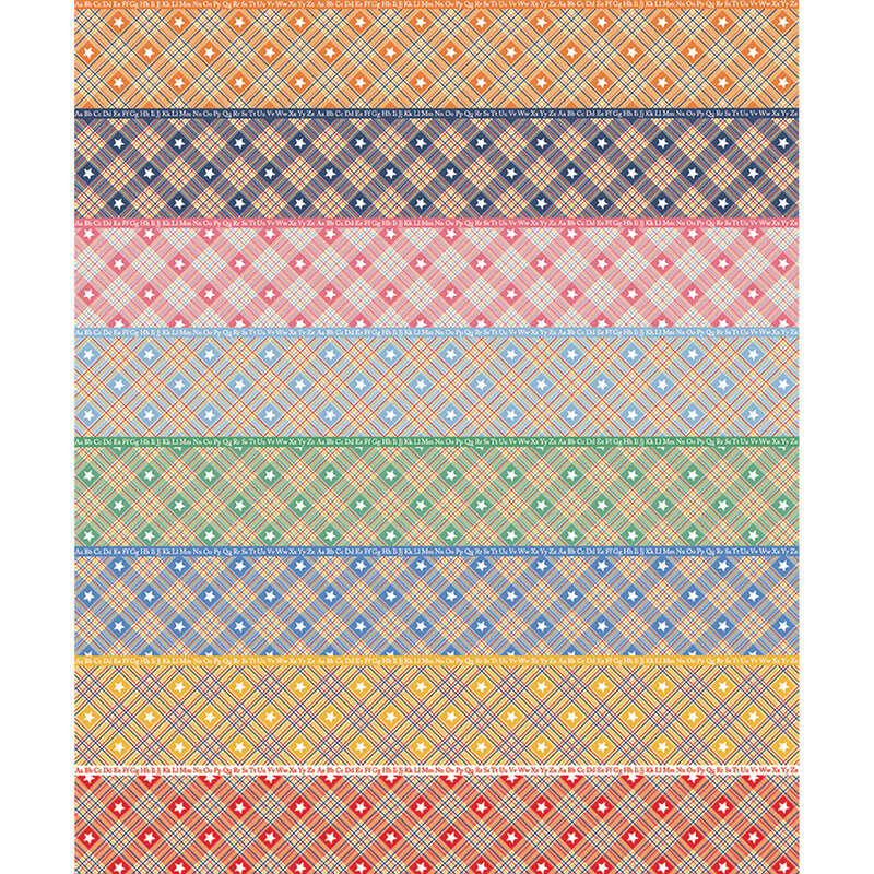 A multicolored border stripe fabric with rows of plaid and stars separated by the alphabet in capital and lowercase letters.