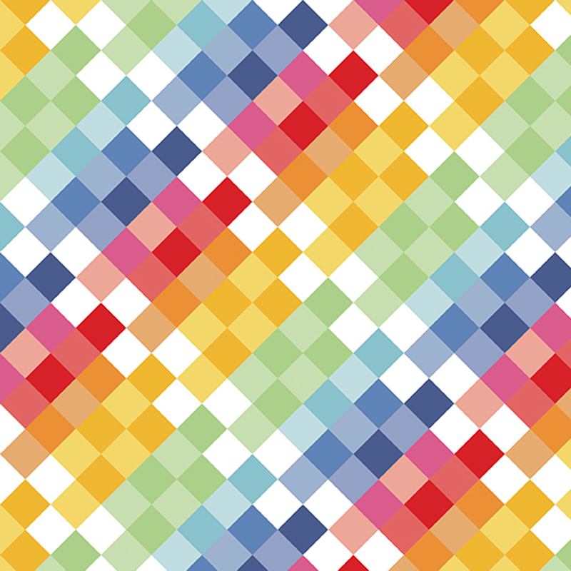 A colorful, diagonally-checkered fabric with rainbow colors against white blocks.