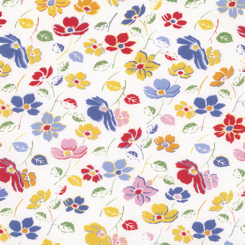 White fabric with sideways red, yellow, pink, and blue florals reach out to each other.