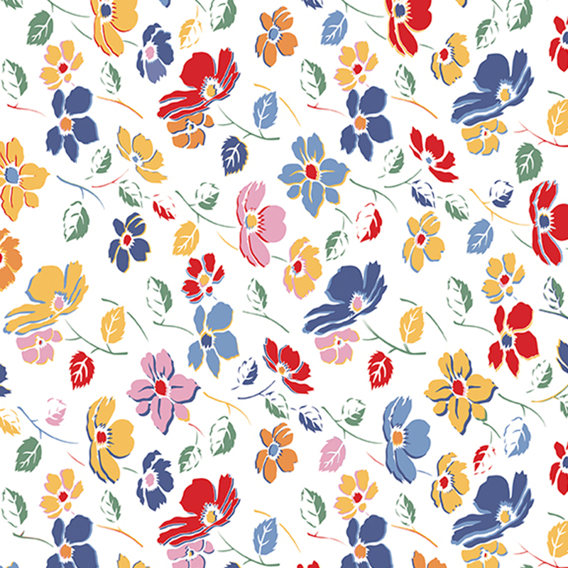 White fabric with sideways red, yellow, pink, and blue florals reach out to each other.
