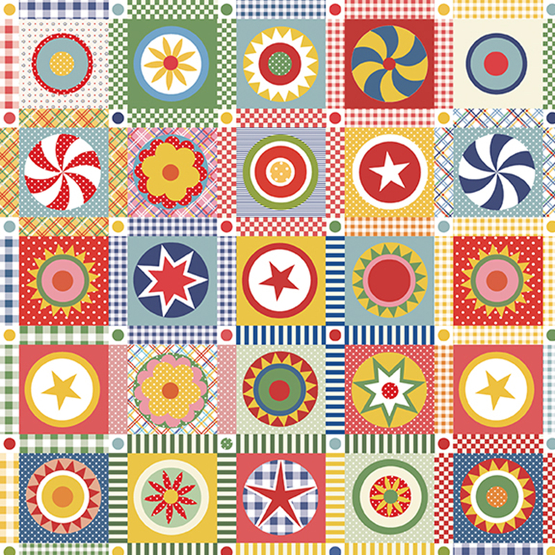 A multicolored patchwork fabric with cornerstone blocks, each square showcasing a small circle with a different, colorful design.