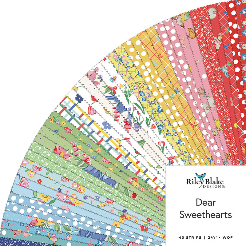 A fanned collage of colorful fabrics from the Dear Sweethearts 2-1/2