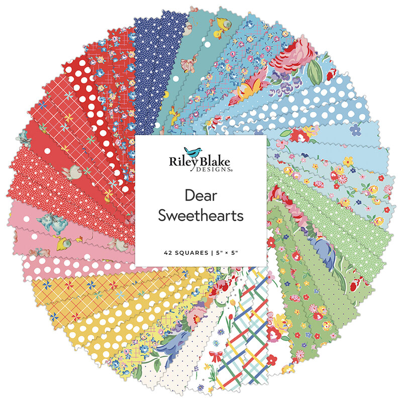 A spiral collage of colorful fabrics from the Dear Sweethearts 5