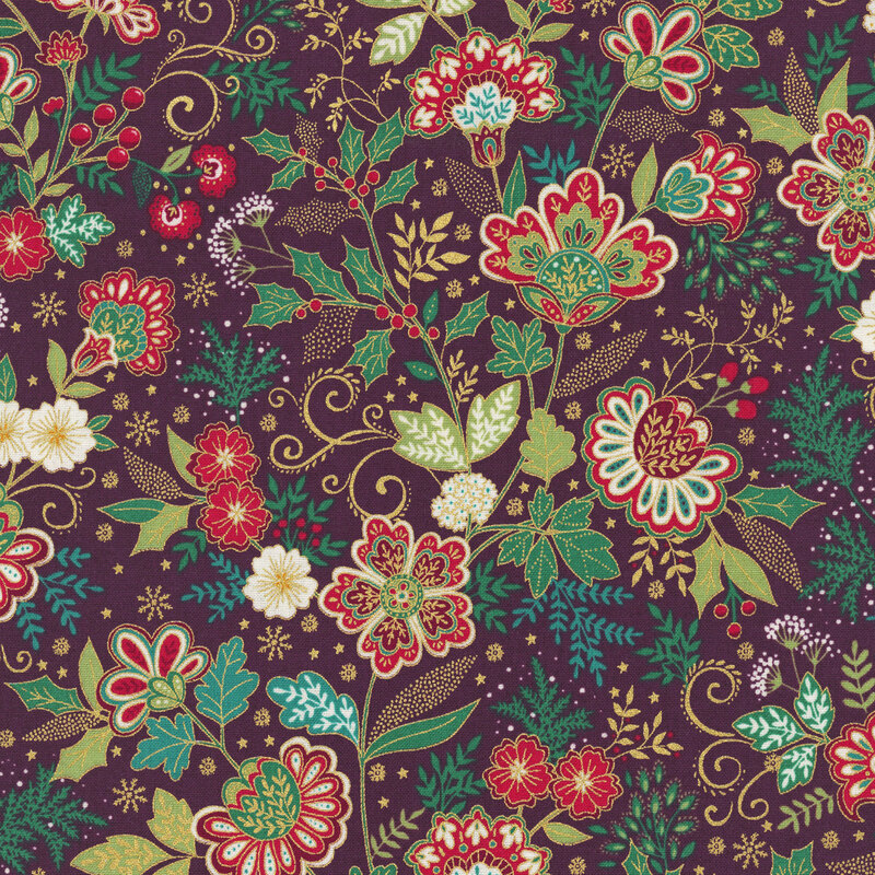 A maroon fabric with red jacobean florals, swirls, green leaves, holly and gold metallic accents. 