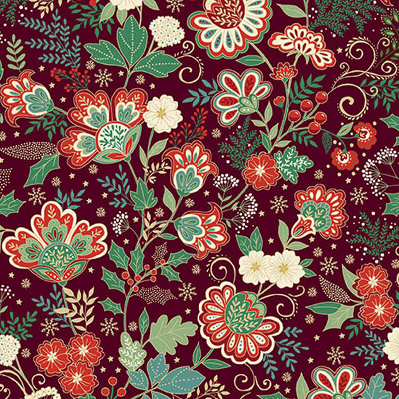 A maroon fabric with red jacobean florals, swirls, green leaves, holly and gold metallic accents. 