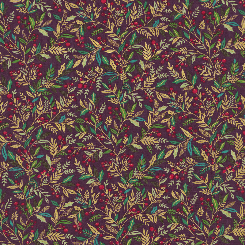 A maroon fabric with leaves, vines, red berries, and gold metallic accents. 