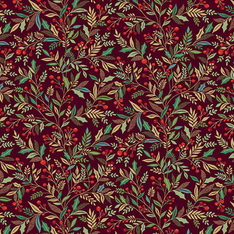 A maroon fabric with leaves, vines, red berries, and gold metallic accents. 
