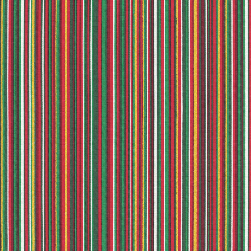 A multi-color striped christmas fabric with gold metallic accents. 