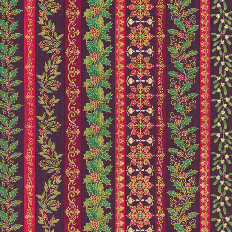 A maroon striped fabric with holly, swirls, vines, and gold metallic accents. 