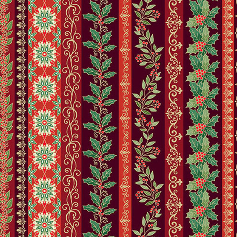 A maroon striped fabric with holly, swirls, vines, and gold metallic accents. 
