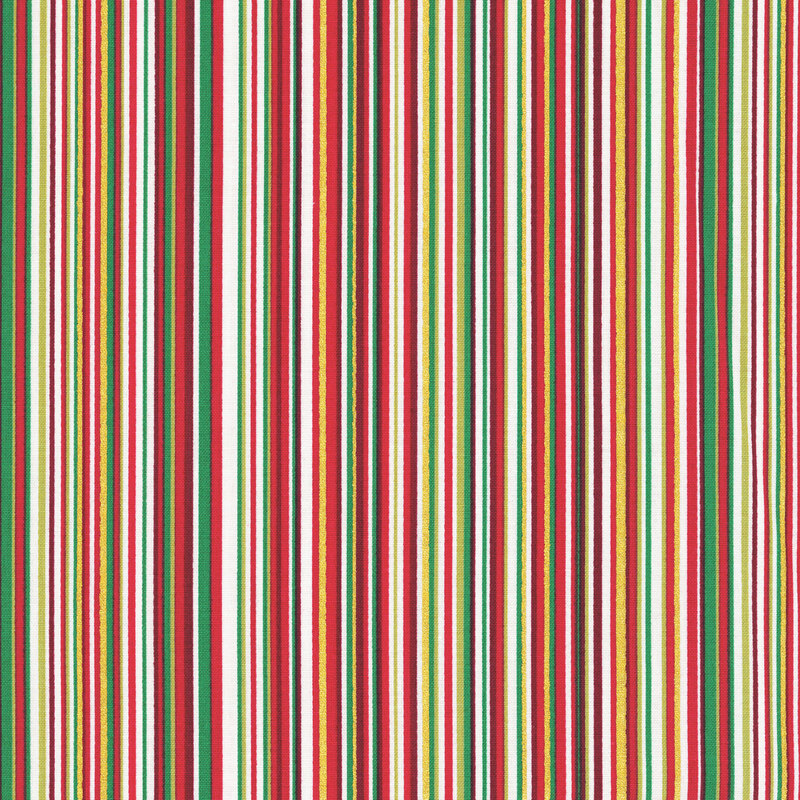 A multi-color striped christmas fabric with gold metallic accents. 