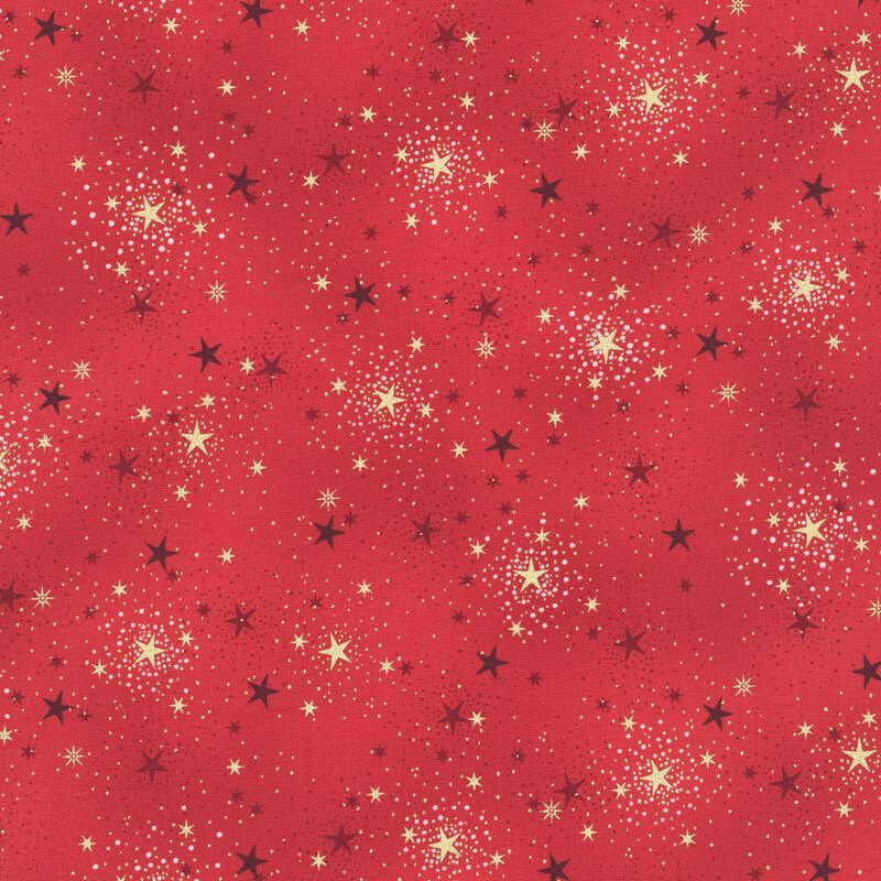 A speckled red fabric with stars and gold metallic accents. 