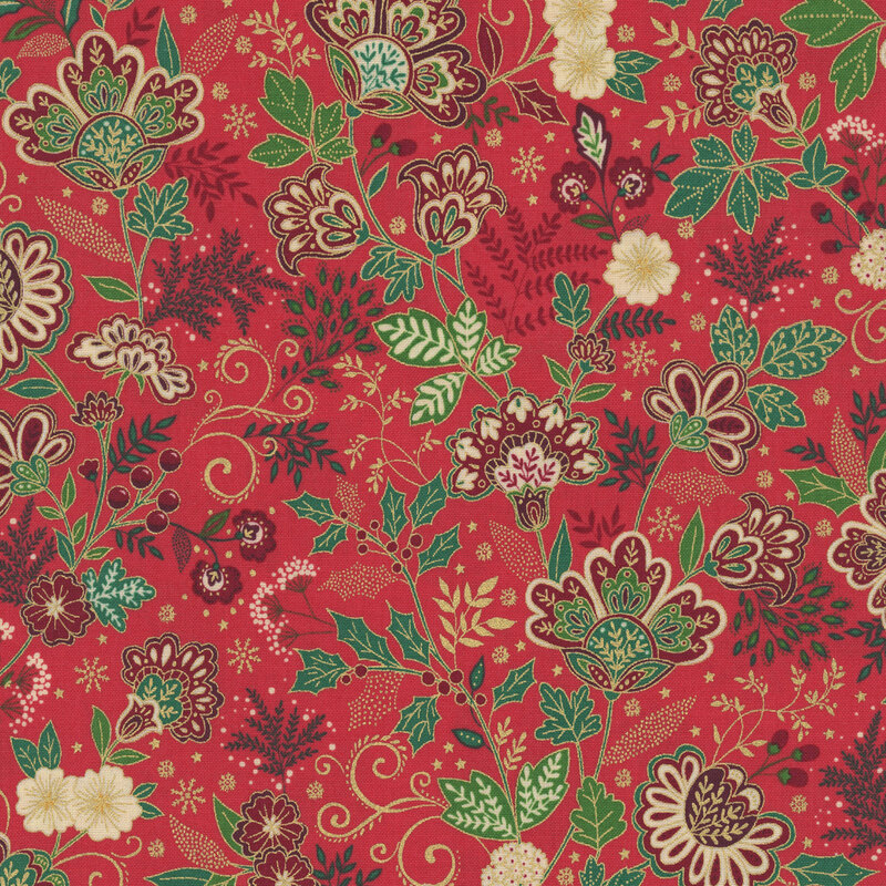 A red fabric with maroon jacobean florals, swirls, green leaves, holly and gold metallic accents. 