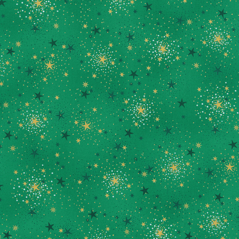 A speckled green fabric with stars and gold metallic accents. 