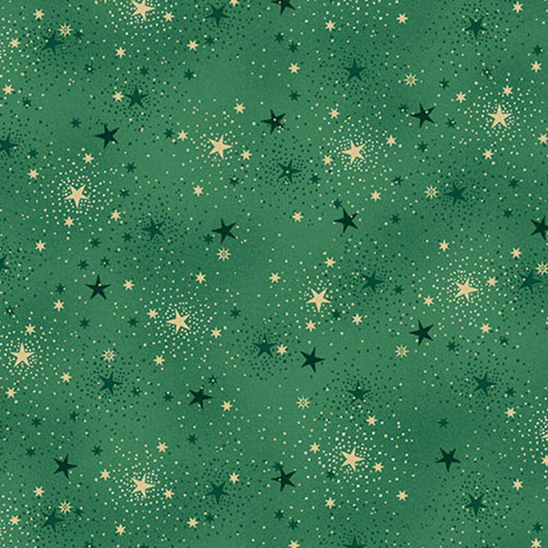 A speckled green fabric with stars and gold metallic accents. 