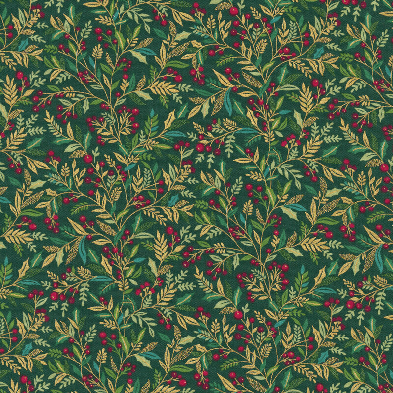 A dark green fabric with leaves, vines, red berries, and gold metallic accents. 