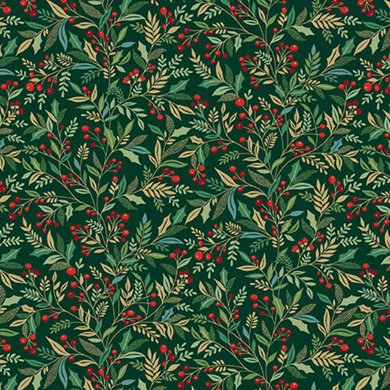 A dark green fabric with leaves, vines, red berries, and gold metallic accents. 