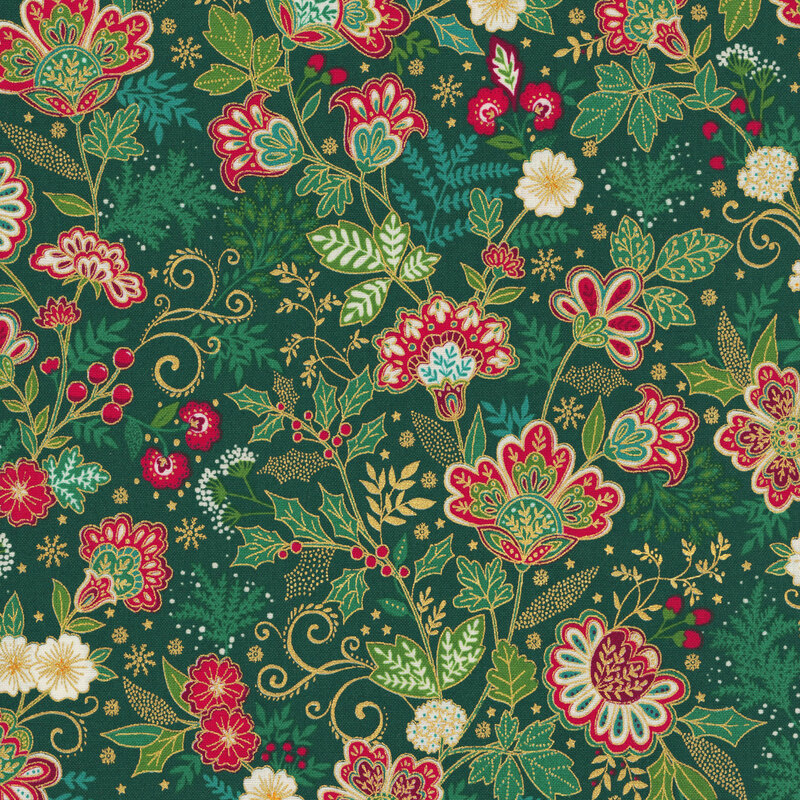 A dark green fabric with red jacobean florals, swirls, green leaves, holly and gold metallic accents. 