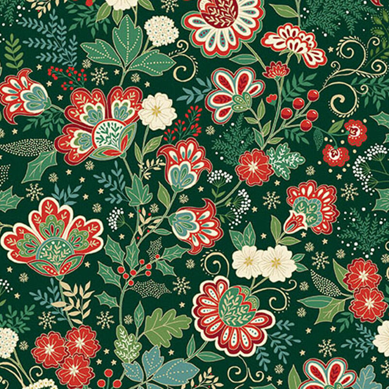 A dark green fabric with red jacobean florals, swirls, green leaves, holly and gold metallic accents. 