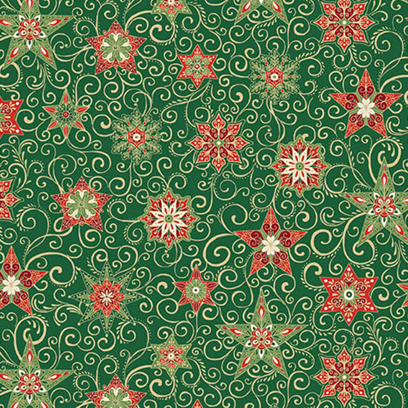 A green fabric with decorated stars, snowflakes, swirls, and gold metallic accents. 