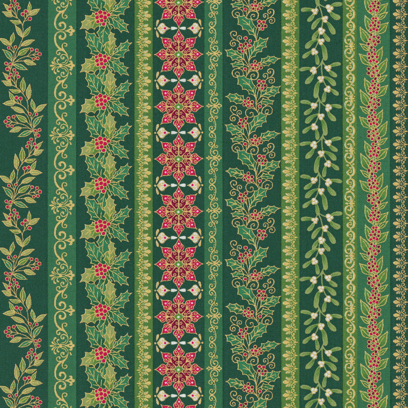A green striped fabric with holly, swirls, vines, and gold metallic accents. 