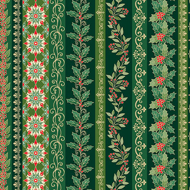 A green striped fabric with holly, swirls, vines, and gold metallic accents. 