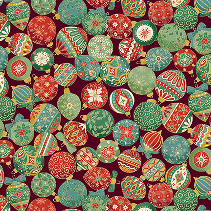 A maroon fabric with packed decorated christmas ornaments and gold metallic accents. 