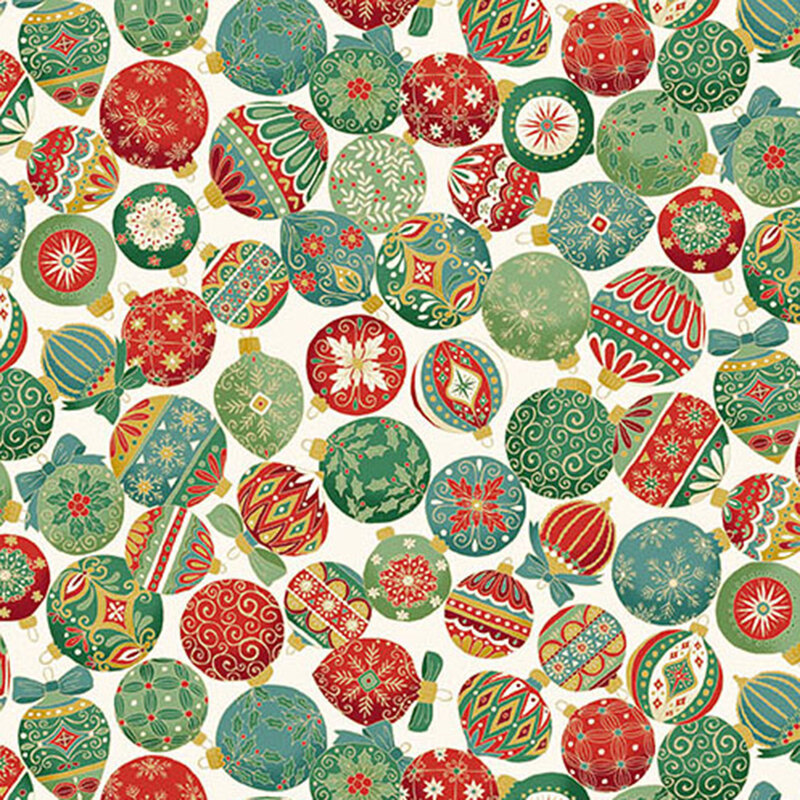 A cream fabric with packed decorated christmas ornaments and gold metallic accents. 