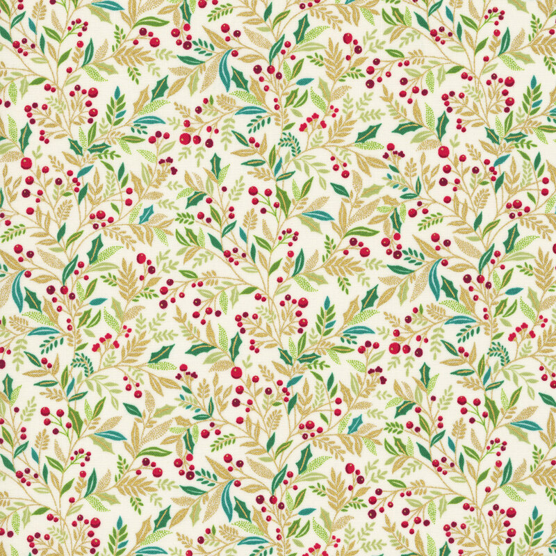 A cream fabric with leaves, vines, red berries, and gold metallic accents. 