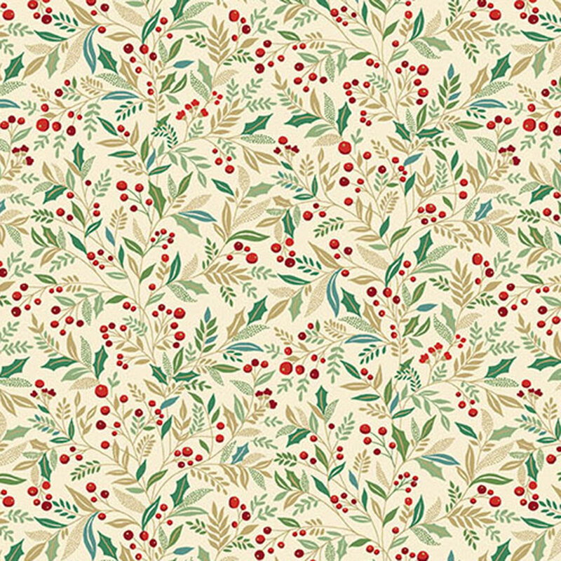 A cream fabric with leaves, vines, red berries, and gold metallic accents. 
