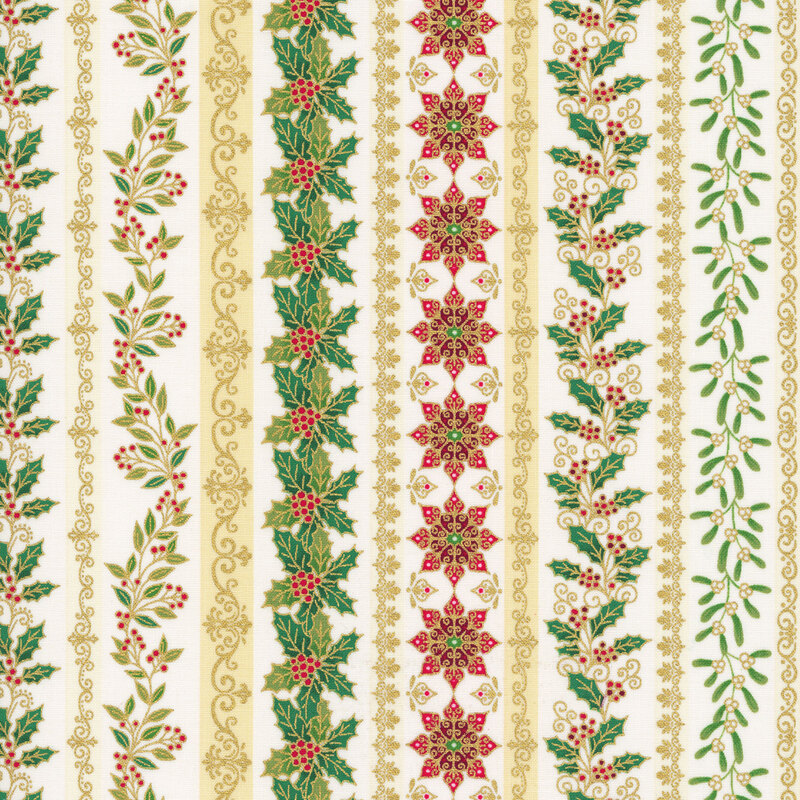 A cream striped fabric with holly, swirls, vines, and gold metallic accents. 
