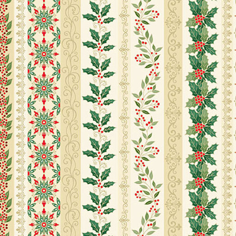 A cream striped fabric with holly, swirls, vines, and gold metallic accents. 