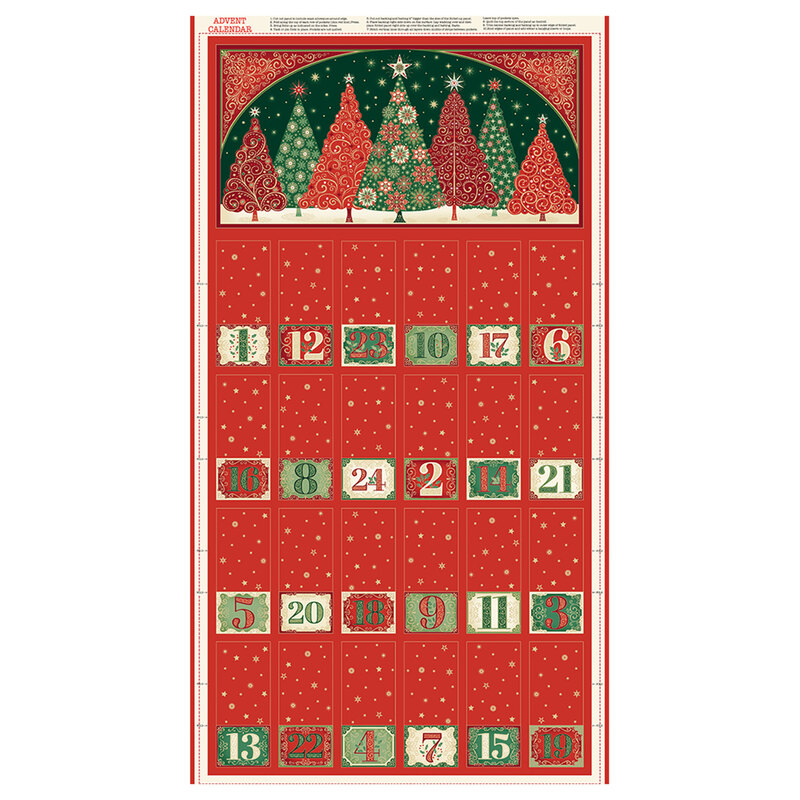 A red christmas fabric panel with festive trees and instructions to make an advent calendar. 