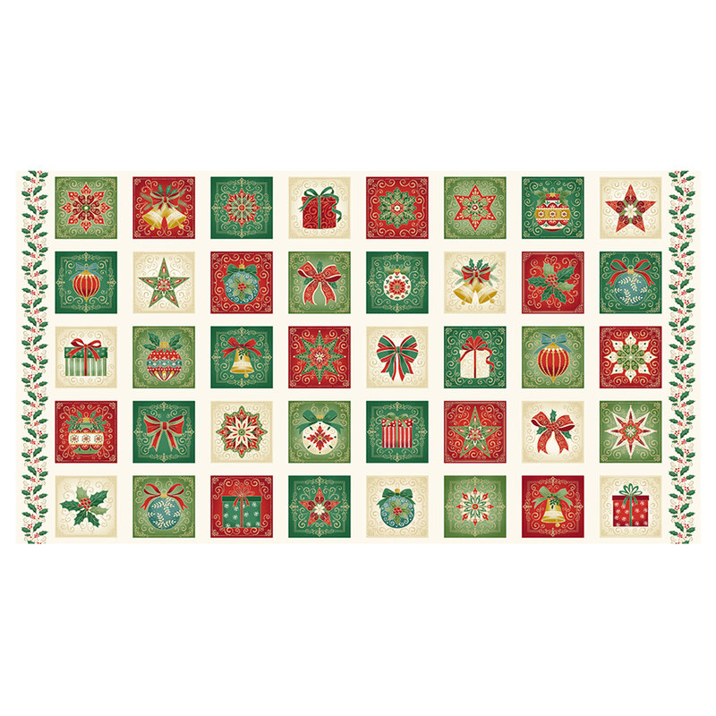  A cream christmas panel with stars, bells, bows, ornaments, presents and holly sprigs. 