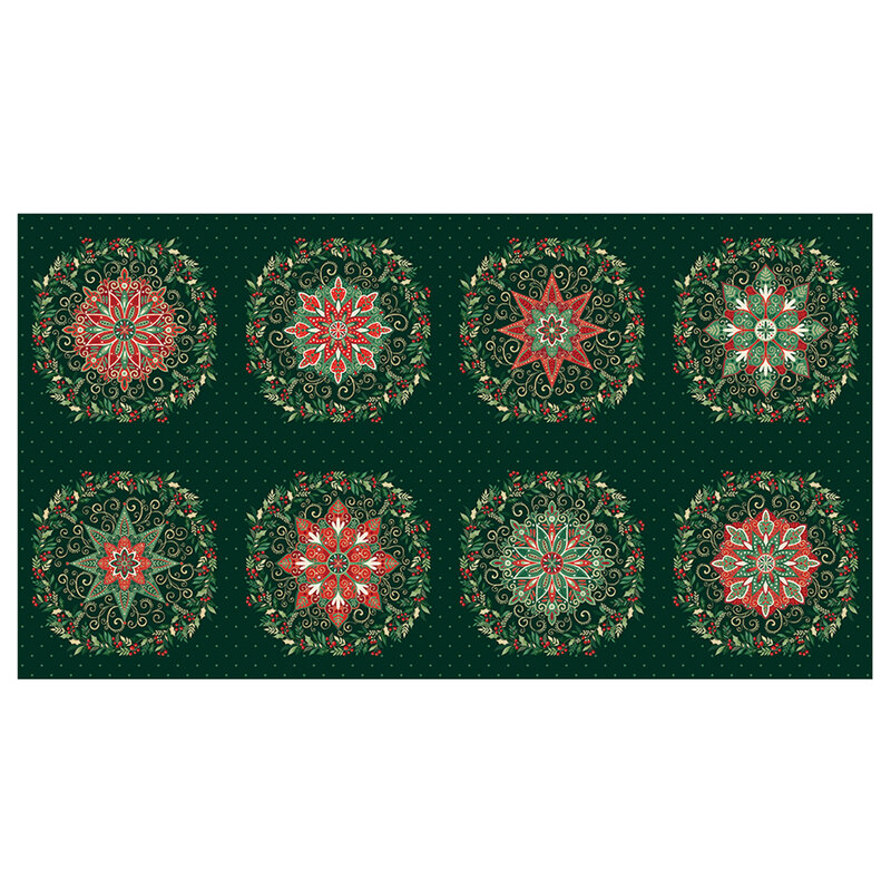 A dotted dark green christmas panel with decorated snowflakes, swirls, and wreaths. 