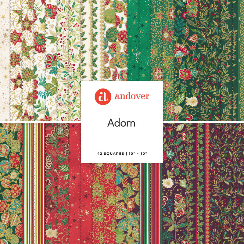 A fabric collage featuring Christmas fabric with gold metallic accents from the collection Adorn by Makower UK for Andover Fabrics. 