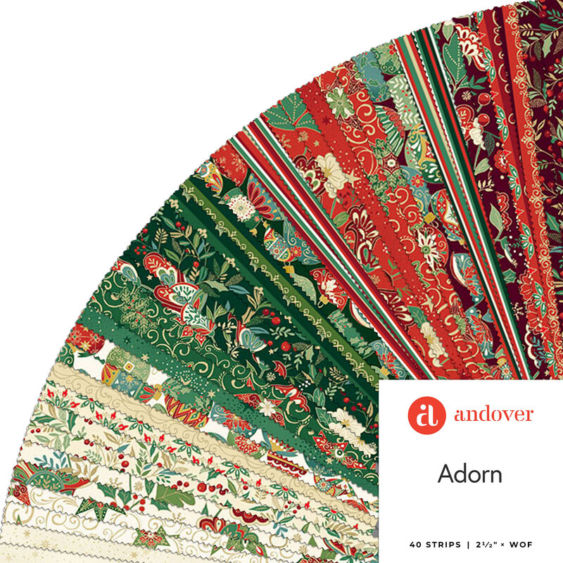 A fanned fabric collage featuring christmas fabric gold metallic accents from the collection Adorn by Makower UK for Andover Fabrics. 