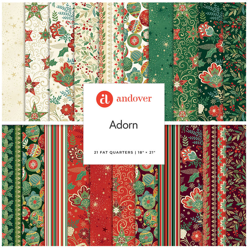 A fabric collage featuring christmas fabric with gold metallic accents from the collection Adorn by Makower UK for Andover Fabrics. 