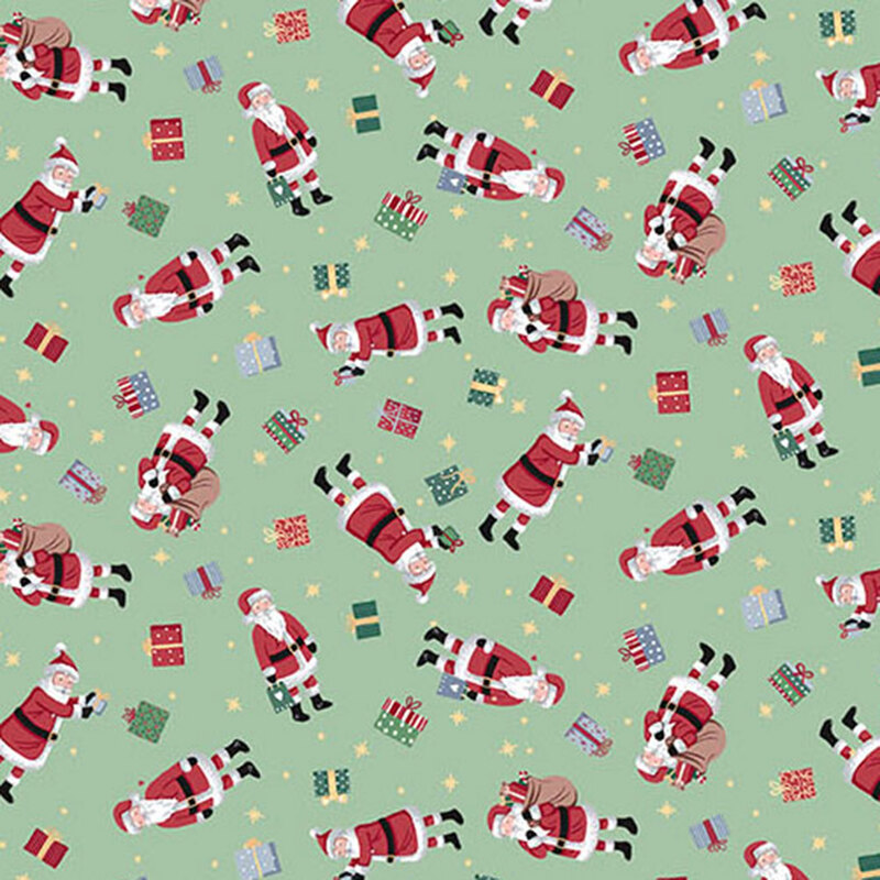 Santa Clause, festive wrapped gifts, and stars tossed on a mint green background.