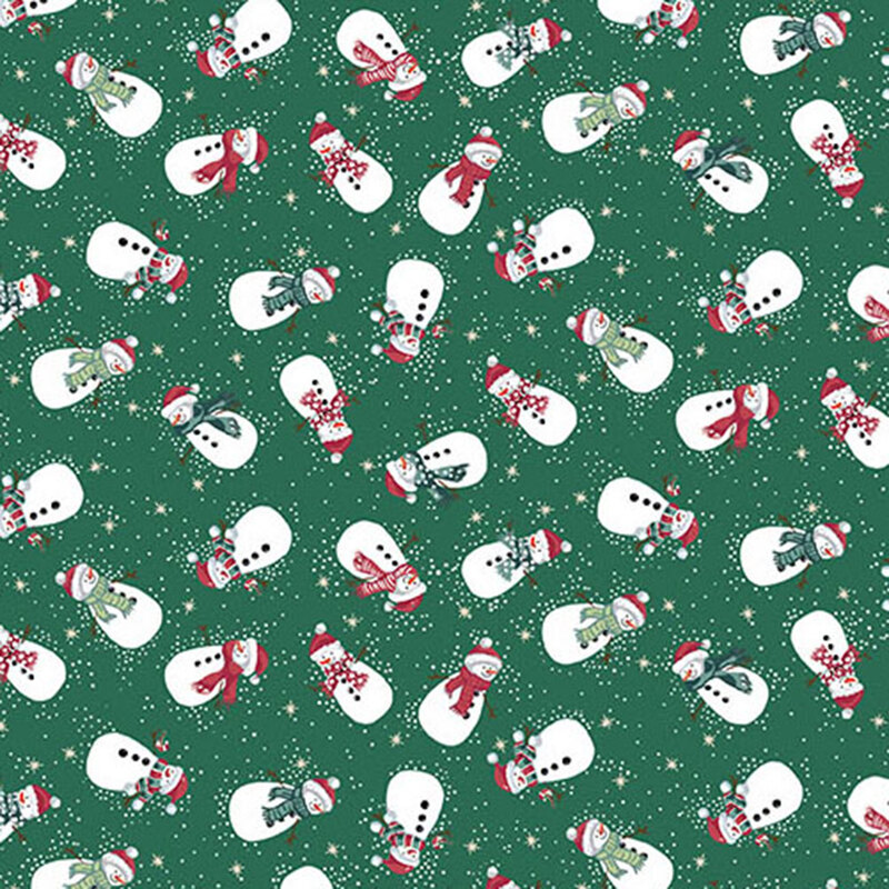 Hunter green fabric featuring whimsical snowmen in festive red, green, and teal scarves and red hats.