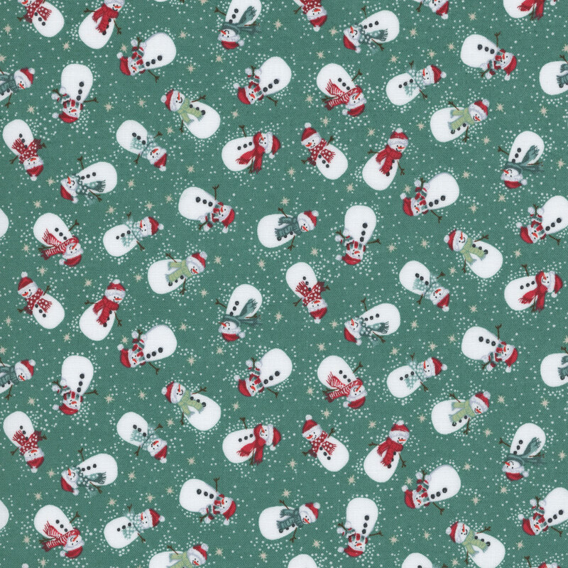 Hunter green fabric featuring whimsical snowmen in festive red, green, and teal scarves and red hats.
