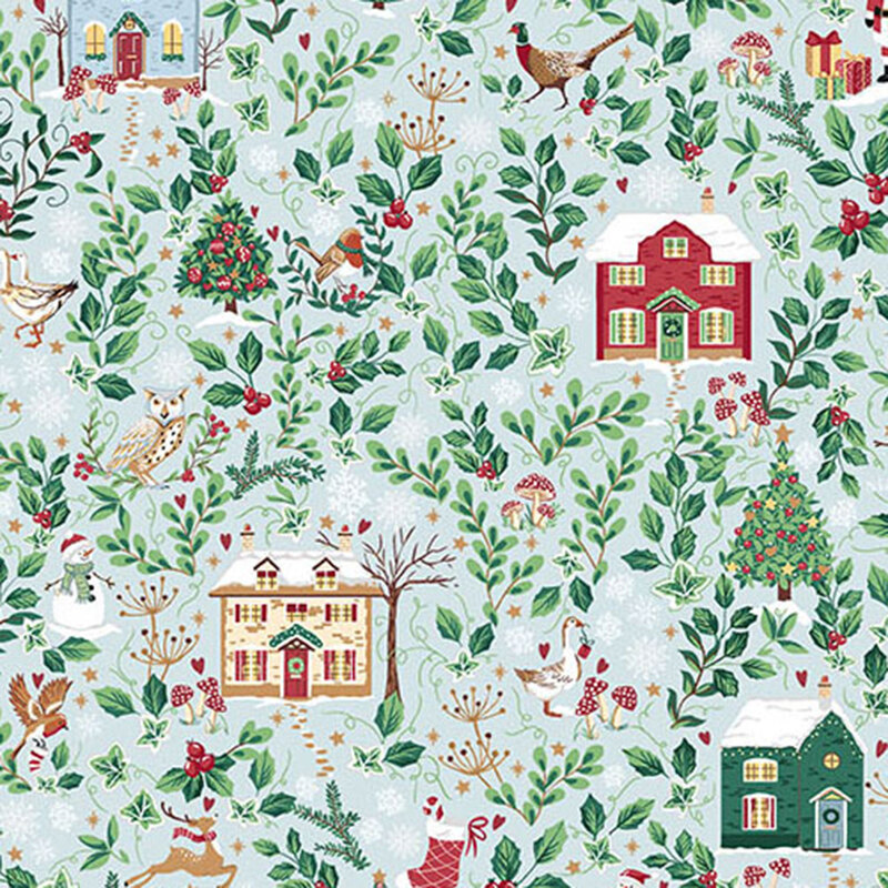 Pastel blue fabric featuring festive images of country cottages and trees decorated for the holidays along with animals, holly, and stockings.