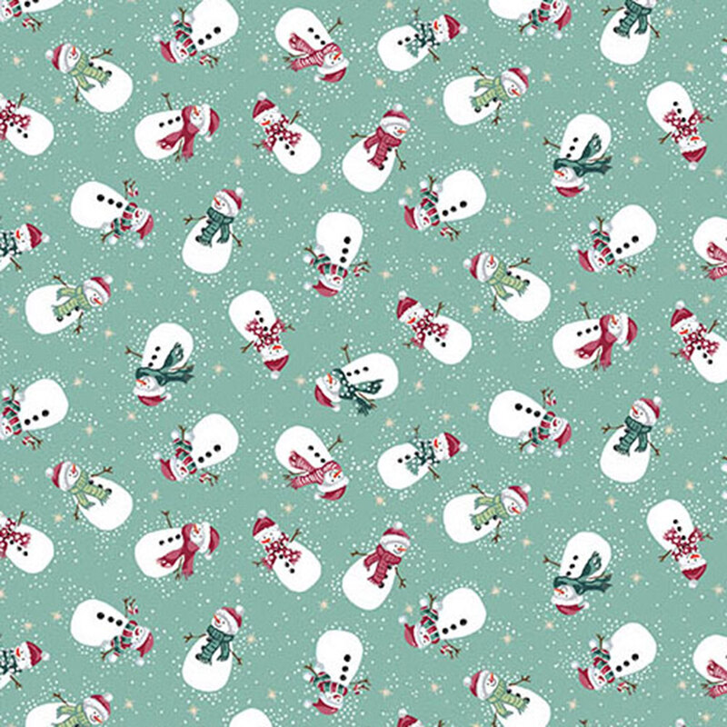 Teal fabric featuring whimsical snowmen in festive red, green, and teal scarves and red hats.