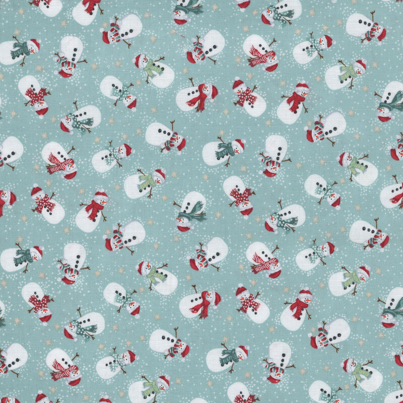 Teal fabric featuring whimsical snowmen in festive red, green, and teal scarves and red hats.